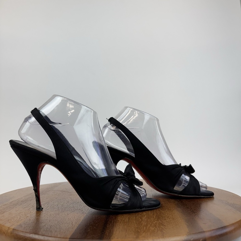 Womens Louboutin Moustique 100 Black Crepe Satin‎ Slingback Heels Size EU 38.5